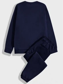 GENTILAND Men Patched Detail Pullover & Drawstring Waist Joggers - Navy Blue - View 2