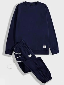GENTILAND Men Patched Detail Pullover & Drawstring Waist Joggers - Navy Blue - View 3