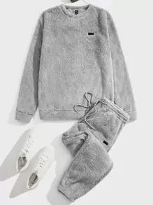 Manfinity VCAY Hombres Pullover con diseño de parche con cordón de franela con pantalones