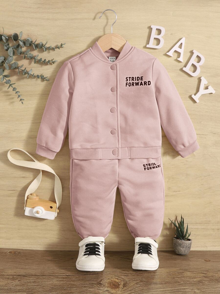SHEIN 嬰兒標語圖案飛行員夾克和運動褲 - 藕粉色 - 查看 1