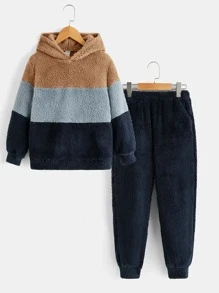 SHEIN Boys Colourblock Teddy Hoodie & Trousers - Multicolor - View 1