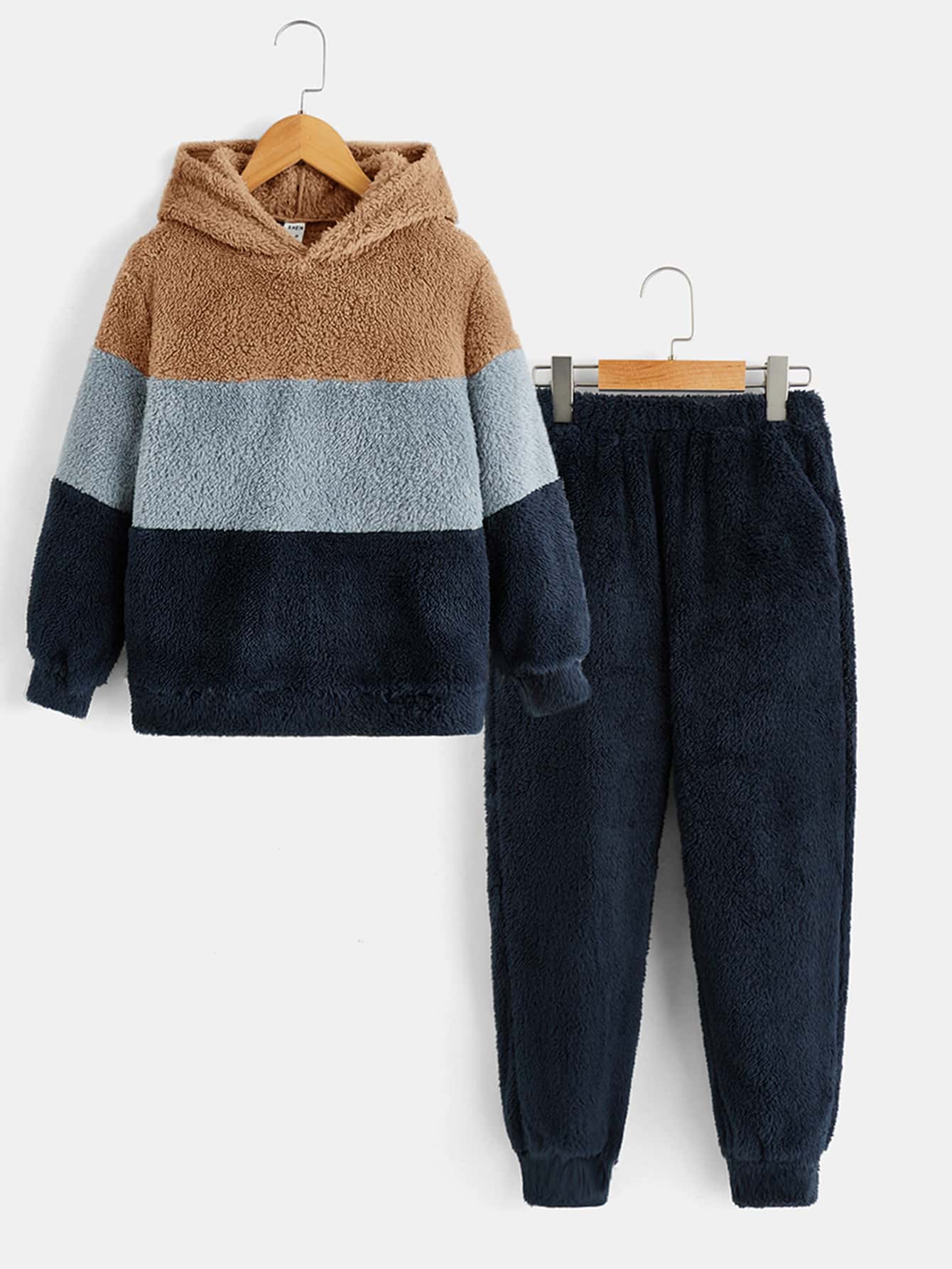 SHEIN Boys Colourblock Teddy Hoodie & Trousers - Multicolor - View 1
