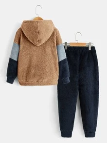 SHEIN Boys Colourblock Teddy Hoodie & Trousers - Multicolor - View 2