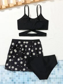青少年女孩花卉印花交叉比基尼套装搭配沙滩裙夏季海滩