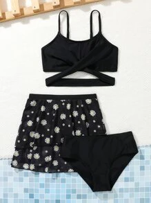 青少年女孩花卉印花交叉比基尼套装搭配沙滩裙夏季海滩