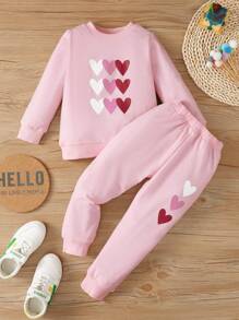 SHEIN Toddler Girls Heart Print Pullover & Joggers - Pink - View 7