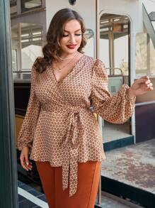 SHEIN Clasi Blusa con estampado de rombo de manga farol con cinturón - Multicolor - Ver 3