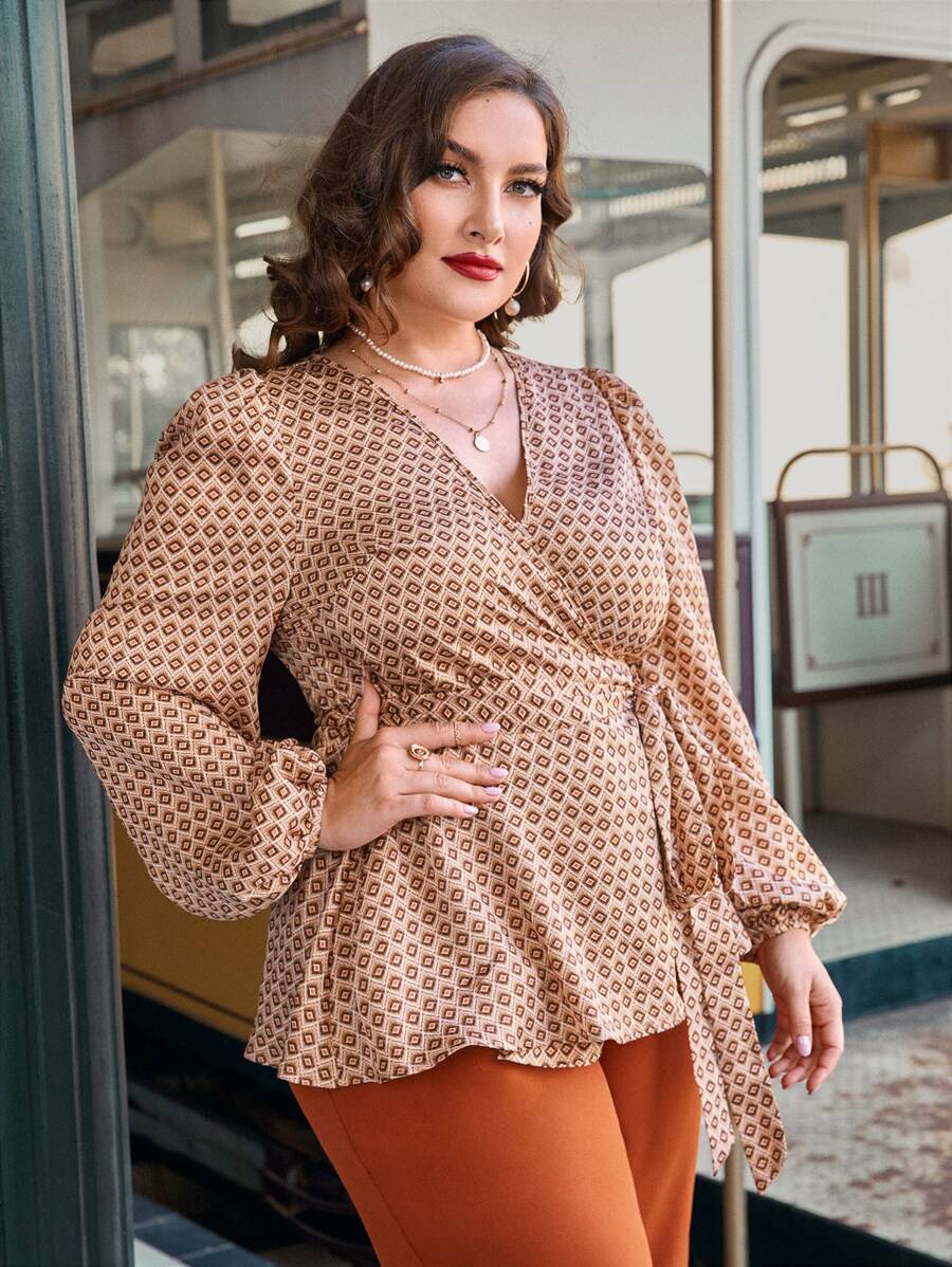 SHEIN Clasi Blusa con estampado de rombo de manga farol con cinturón - Multicolor - Ver 1