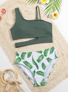 Teen Girls Random Tropical Print Cut Out Bikini Set Summer Beach - Multicolor - View 1