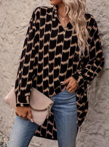 SHEIN LUNE Random Print Drop Shoulder High Low Hem Blouse - Multicolor - View 1