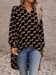 SHEIN LUNE Random Print Drop Shoulder High Low Hem Blouse - Multicolor - View 5