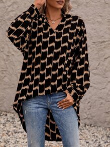 SHEIN LUNE Random Print Drop Shoulder High Low Hem Blouse - Multicolor - View 6