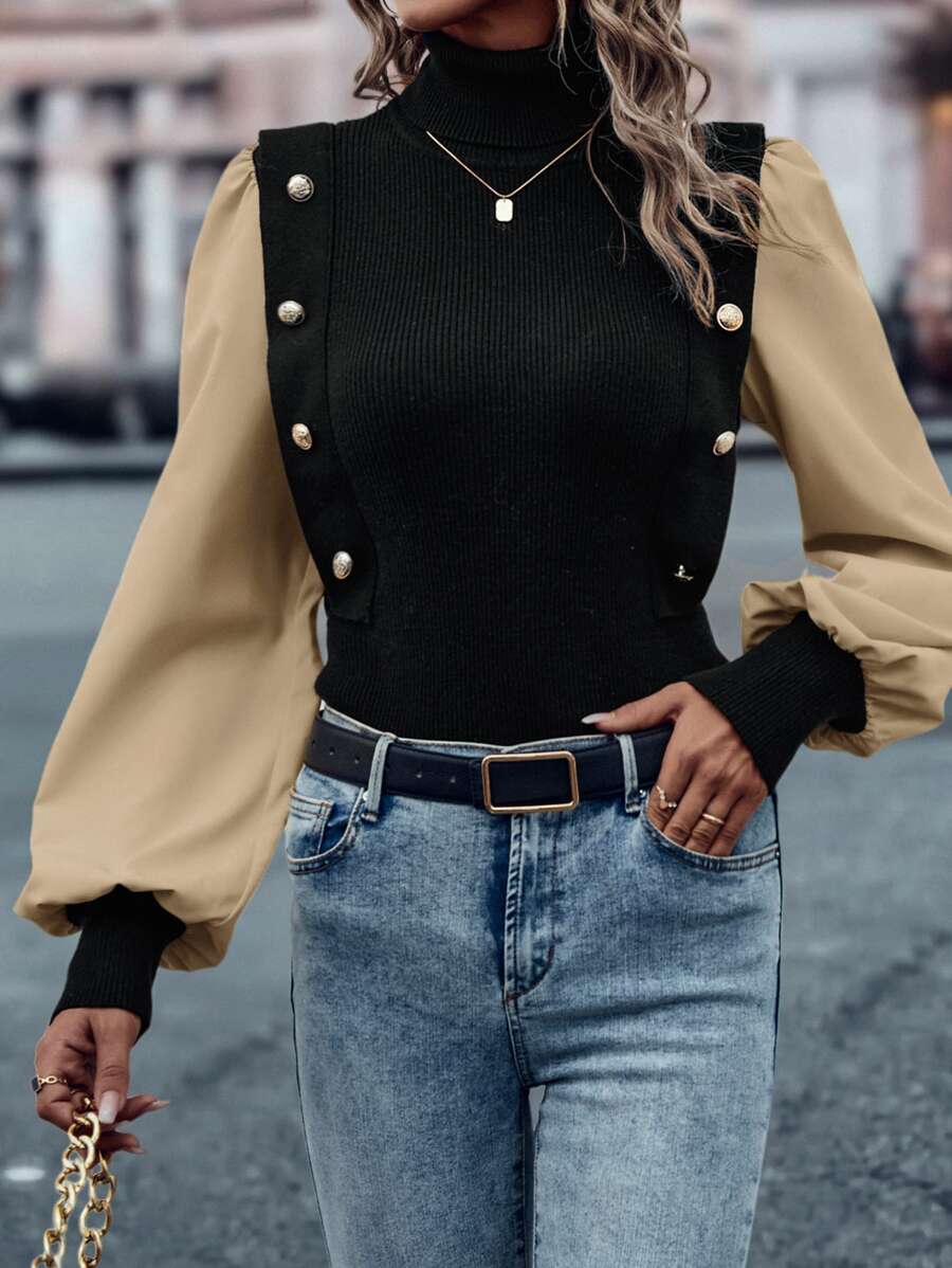 SHEIN LUNE Jersey de dos tonos de manga farol de cuello tortuga - Multicolor - Ver 1