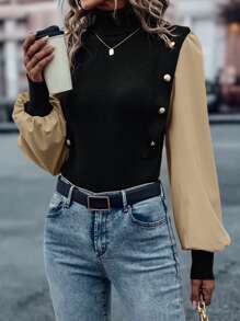 SHEIN LUNE Jersey de dos tonos de manga farol de cuello tortuga - Multicolor - Ver 3