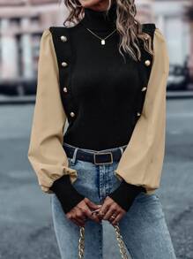 SHEIN LUNE Jersey de dos tonos de manga farol de cuello tortuga - Multicolor - Ver 4