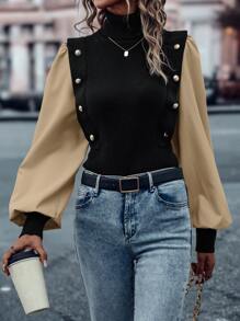 SHEIN LUNE Jersey de dos tonos de manga farol de cuello tortuga - Multicolor - Ver 5