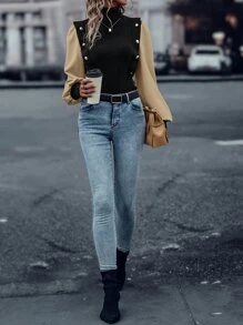 SHEIN LUNE Jersey de dos tonos de manga farol de cuello tortuga - Multicolor - Ver 6