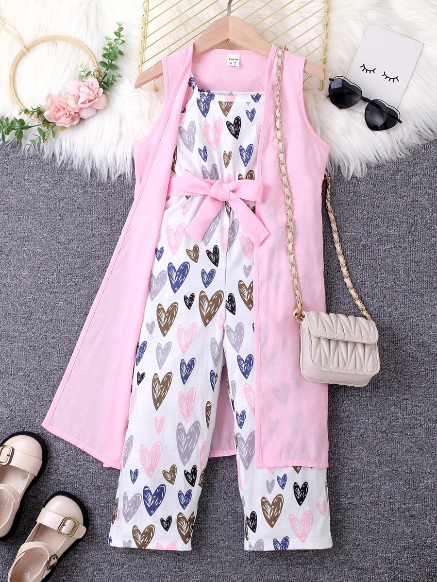 Elladie kids 少女心印花背心連身褲套裝和開襟外套 - 彩色 - 查看 1