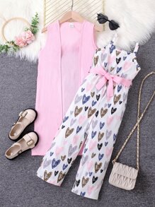 Elladie kids 少女心印花背心連身褲套裝和開襟外套 - 彩色 - 查看 3