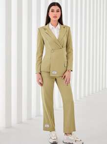 Mulvari Flap Detail Letter Patched Asymmetrical Hem Blazer & Trousers Set - Lime Green - View 4