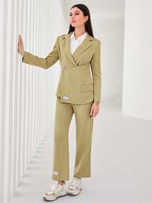 Mulvari Flap Detail Letter Patched Asymmetrical Hem Blazer & Trousers Set - Lime Green - View 5