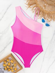 SHEIN Swim 撞色單肩鏤空連體泳衣 - 粉色 - 查看 5
