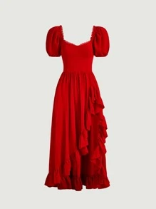 SHEIN MOD 雞心領口泡泡袖荷葉邊不對稱下擺洋裝不附腰帶 - 紅色 - 查看 2