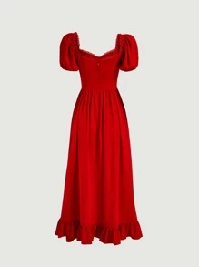 SHEIN MOD 雞心領口泡泡袖荷葉邊不對稱下擺洋裝不附腰帶 - 紅色 - 查看 6