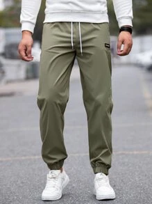 Manfinity Homme 男士字母撥片詳細收緊褲頭褲 - 軍綠色 - 查看 4