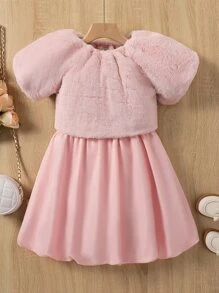 Girls Puff Sleeve Top & Cami Dress - Pink - View 5
