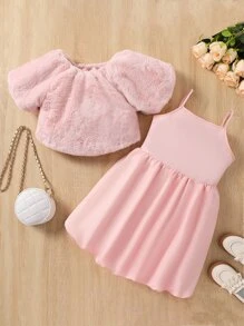 Girls Puff Sleeve Top & Cami Dress - Pink - View 1