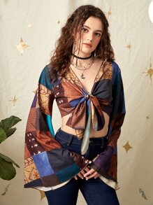 ROMWE Hippie 色塊拼接圖案前繫帶短款襯衫 - 彩色 - 查看 2