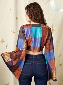 ROMWE Hippie 色塊拼接圖案前繫帶短款襯衫 - 彩色 - 查看 6