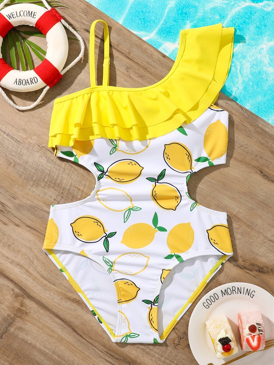 女孩檸檬圖案荷葉邊鏤空連體泳衣 - 彩色 - 查看 1