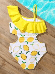 女孩檸檬圖案荷葉邊鏤空連體泳衣 - 彩色 - 查看 2