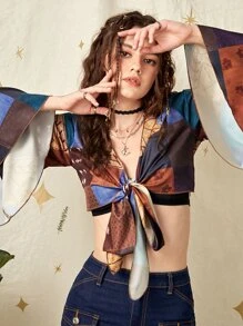 ROMWE Hippie 色塊拼接圖案前繫帶短款襯衫 - 彩色 - 查看 3