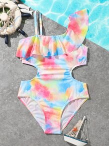 女孩紮染荷葉邊連體泳衣 - 彩色 - 查看 1