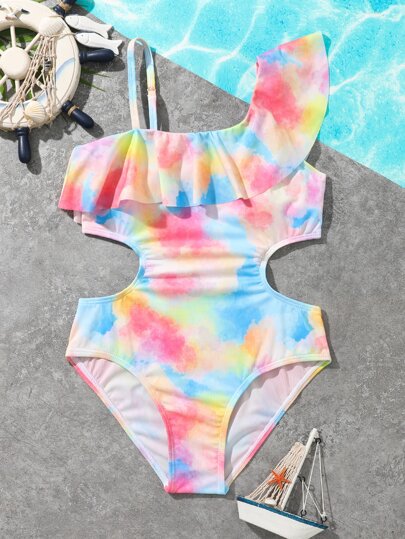 女孩紮染荷葉邊連體泳衣