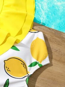 女孩檸檬圖案荷葉邊鏤空連體泳衣 - 彩色 - 查看 3