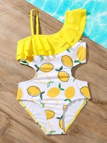 女孩檸檬圖案荷葉邊鏤空連體泳衣 - 彩色 - 查看 5