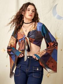 ROMWE Hippie 色塊拼接圖案前繫帶短款襯衫 - 彩色 - 查看 5