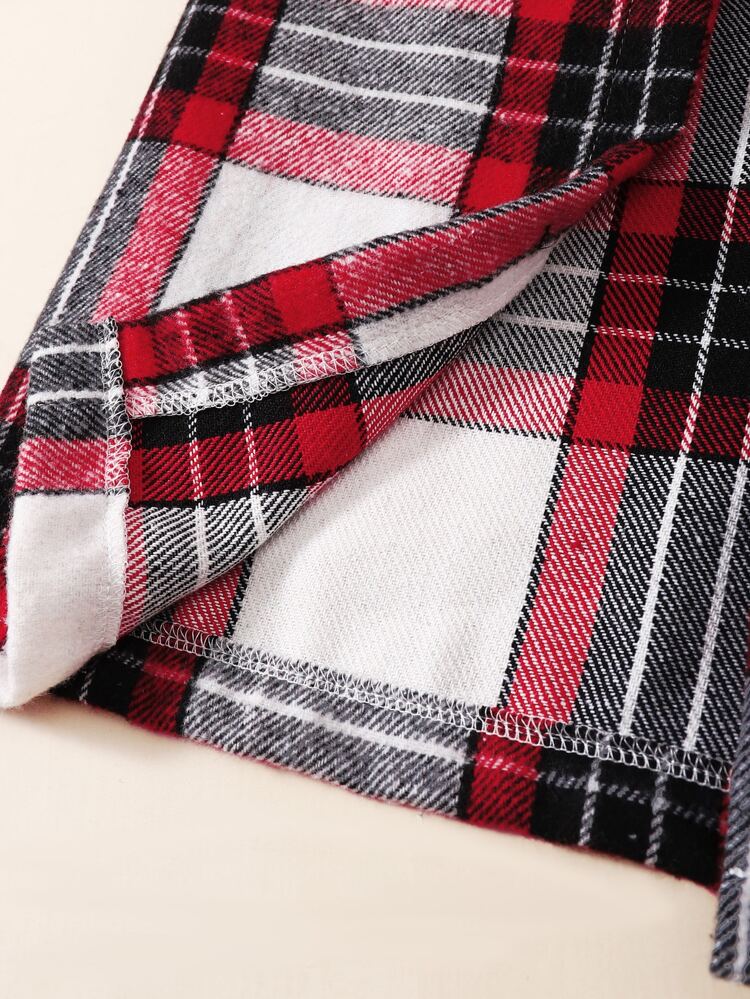Young Boy Plaid Print Coat & Tee & Sweatpants