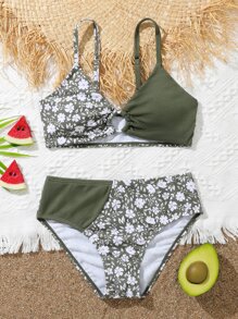 Tween Girl Floral Print Ring Linked Bikini Set Summer Beach - Multicolor - View 1
