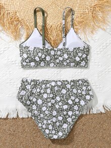 Tween Girl Floral Print Ring Linked Bikini Set Summer Beach - Multicolor - View 2