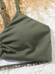 Tween Girl Floral Print Ring Linked Bikini Set Summer Beach - Multicolor - View 3