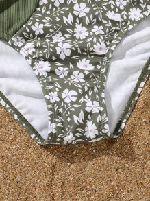 Tween Girl Floral Print Ring Linked Bikini Set Summer Beach - Multicolor - View 4