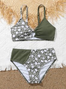 Tween Girl Floral Print Ring Linked Bikini Set Summer Beach - Multicolor - View 5