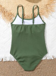 Tween Girl Solid One Piece Swimsuit - Army Green - View 2