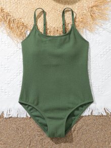 Tween Girl Solid One Piece Swimsuit - Army Green - View 5