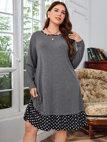 EMERY ROSE Plus Polka Dot Print Ruffle Hem Button Split Back Dress - Dark Grey - View 2